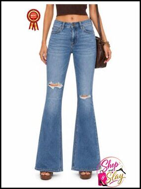 Women's Ripped Flare Jeans Mid Rise Bootcut Denim Pants